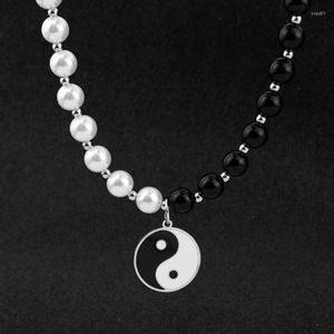 Choker-Choker Tai Chi Yin Yang Anhänger Charme weiße und schwarze Perlenkette Edelstahl für Frauen Männer Schmuck Vintage
