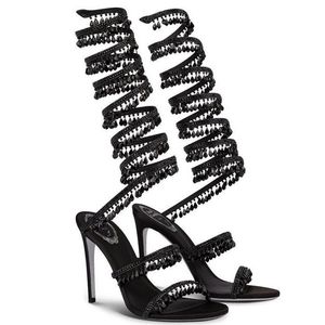 RENE CAOVILLA 10 cm Stiletto-High-Heel-Sandalen CRYSTAL Karung offene Spitze Schlangenartige, sich schlängelnde Strass-Sandalen für Damen Hochwertige, schwarz-nackte Cleo-verzierte Sandale