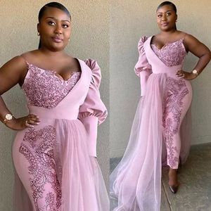 2022 Pink Jumpsuit Mermaid Evening Dresses One Shoulder Sequined Appliques Lace Plus Size Prom Dress African Formal Party Wear