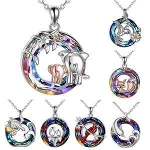 Collana albero della vita Delfino/Gazza/Elefante/Tartaruga/Penguin Collana Cerchio Gioielli di famiglia con pendente in cristallo multicolore