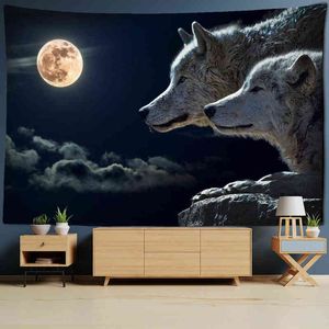 Psychedelic Wolf Tarot Carpet Wall Hanging Full Moon Night Bohemian Hippie Stregoneria Tapiz Fantascienza Dormitorio Decor J220804