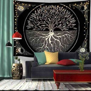 Indie Psychedelic Tree Tobestry Mandala WALLING MACRAME HIPPIE Dywany do salonu Wystrój domu Gobelin J220804