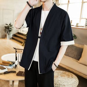 Herr t-shirts sommar m￤n topp bomull linnjacka halv ￤rm svart r￶d skjorta l￶s t manlig tang kostym cardigan kimono coatmen's