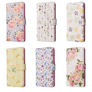 Blumendruck Leder Brieftaschenhüllen für iPhone 15 14 Pro Max 13 Mini 12 11 xs x xr 8 7 plus Anti-Diebstahl-Pinsel-Pinsel Schmetterling Rosen getrocknetes Blumen-Welt Daisy Id Card Slot Halter Beutel