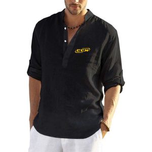 Polo da uomo Stampa CCM da uomo Camicia di lino in cotone tinta unita casual Maniche lunghe T-shirt moda Harajuku traspirante TopsUomo