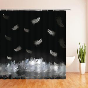 Cortinas de ducha, cortina de baño 3d de plumas blancas y negras, decoración de impresión de tela de poliéster impermeable con ganchos, cortina de baño y ducha