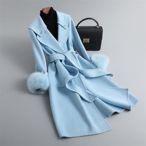 Womens Wool Blend Coats Fashion Cashmere Trench Lady Lady Elegant Long Fur Jackets sobretudo de manguito QN3681 220829