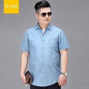 Mäns avslappnade skjortor sommarmän denim kort ärm camisa social hombre manga corta 5xl 6xl 7xl 8xl plus size jeans skjorta streetwearmen's