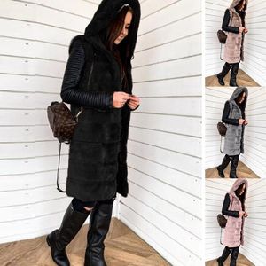 女性の毛皮のフェイクベストコート女性冬のファッション太い暖かいプラスサイズのゆるいフード付きノースリーブジャケット女性ルゲントロ