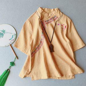 Kadın T-Shirt Pamuk Keten Kadın Tişört Yaz 2022 Düğme İşlemeli Vintage Kısa Kollu Kırmadan Moda Bluz Yoyikamomowomen's