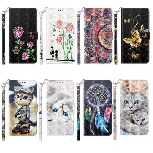 Fashion 3D Wallet Leather Case för Samsung S22 Ultra Plus A33 A53 A23 4G A13 M33 M53 5G A22 A52 A32 S21 Fe S20 Fe Print Flower Butter Cat Credit ID Card Slot Holder Pouch