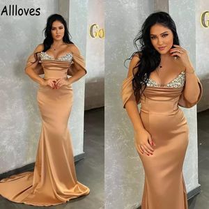 Sexy Off Arwary Champagne Mermaid Вечерние платья для женщин Sparkly Crystalls Beaded Prom Party Gowns Arabic Aao Ebi Satin Vintage Formal Event vestidos CL0933