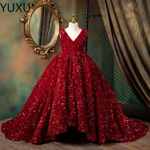 Gold Girls Pageant Dresses Sequined Toddler Ball Gowns Jewel Long Sleeves Formal Kids Party Gown Flower Girl Dresses for Weddings 2021