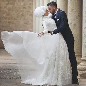 Bescheiden moslim trouwjurk Turkse gelinlik kanten applique vloer lengte islamitische bruidsjurken hijab lange mouw jurken255w