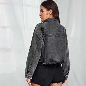 Women's Jackets Women Spring Female Long Jacket Fall Dark Gray Sleeve Short Cropped Jeans Black Casual Ladies Denim