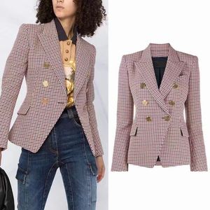 B938 Womens Suits Blazers Tide Marka Yüksek kaliteli retro moda tasarımcısı Presbyopic ızgara serisi elbise ceket aslan çift göğüslü ince artı boyutu kadın giyim