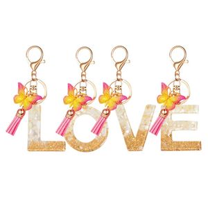 Acrylic Butterfly 26 Letter Keychain Liquid Tassel Pendant Keyring for Alphabet Key Chains Women Fashion Bag Ornament Accessory