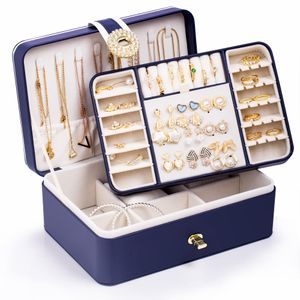 Pudełka na biżuterię Organizator pudełka przenośne kolczyki odpowiednie dla dziewcząt kobiety damskie podwójne warstwa magazynowanie domowe podróż granatowy ammhl