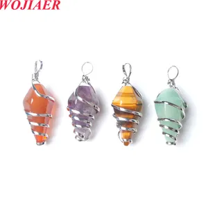 WOJIAER Fashion Spiral Cone Crystal Pendant Natural Stone Wire Wrap Gems Bead Unakite Jasper Tiger Eye Jewelry Accessories BO987