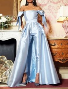 Elegant Light Sky Blue Evening Dresses Bow Off Shoulder Women Jumpsuits With Detachable Skirt Simple Party Prom Gowns 2022 Special Occasion Wear