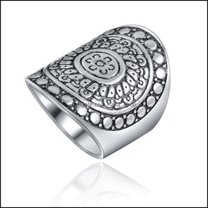 Bandringar Pretty Sier Plated Ring for Women Ethnic Vintage Unique Carving Tibetan Totem Trendy Beach Jewelry Drop Delivery Nanas Dhorp