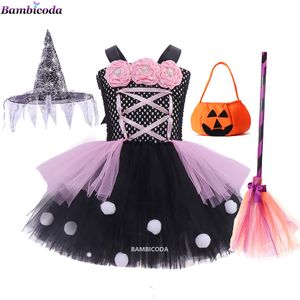 Besondere Anlässe Halloween Kinder Mädchen Hexe Party Kleid Süßigkeiten Tasche Hut Besen Kleidung Sets Geist Cosplay Kinder Karneval Mesh Kostüm a220826