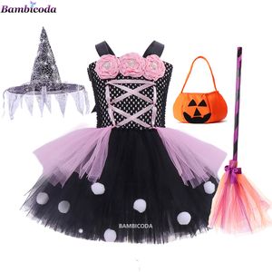 Occasioni speciali Halloween Bambini Ragazze Strega Abito da festa Sacchetto di caramelle Cappello Scopa Set di abbigliamento Fantasma Cosplay Costume di carnevale per bambini a220826