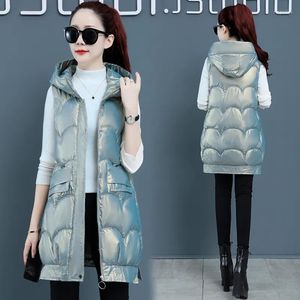 Gilet da donna Gilet imbottito imbottito in cotone lucido da donna Gilet invernale con cappuccio oversize con taglio a onde oversize Giacca con cerniera casual