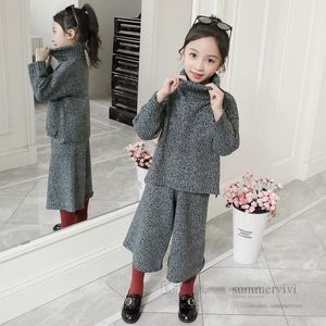 Big boys knitted clothing sets kids high collar single pocket long sleeve sweater pullover skirt 2pcs 2022 fall children outfits Q8106