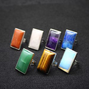 Rectangle Natural Stone Rings Tiger's Eye Turquoise Lapis Pink Quartz Amethyst opal Crystal Finger Ring For women jewelry