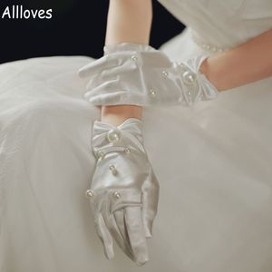 Elegante elfenbeinfarbene Satin-Perlen-Brauthandschuhe mit Schleife, volle Finger-Handgelenklänge, kurze Damenhandschuhe für Hochzeit, Abschlussball, Party, Bräute, Accessoires, Geschenke, CL0988