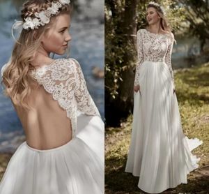 NOWOŚĆ BOHO Long Rleeves A Line Wedding Suknia 2022 szatę Mariee Vintage koronkowy Top Szyfonowy Backless Back Back Rleeve Vestidos de Noiva