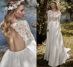 New Boho maniche lunghe una linea abito da sposa 2022 Robe Mariee Vintage Top in pizzo chiffon Backless manica lunga Abiti da Noiva