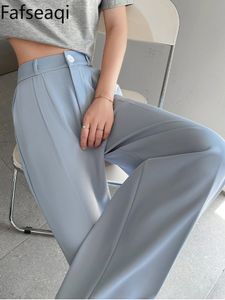 Khaki Suit Pants for Women Party Elegant Summer Thin Loose High Maisted Straight Stapled Pants Baggy Wide Leg Byxor LP220826