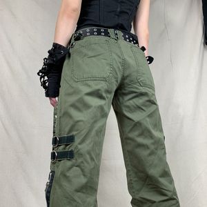 Calças femininas Capris Bandagem Ponta de carga de baixa cintura punk gótico punk retro kawaii calça GRU L220826