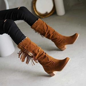 Damenstiefel Designer Großer Herbst Winter Dicker Absatz Mittlere Fransen Nietendesigner Dekorativ Mattiert