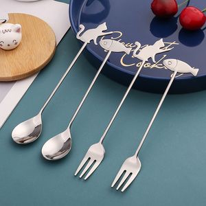 Creative Dinnerware Sets Stainless Steel Cat Fish Round Spoon Fork Tableware Coffee Spoon Cutlery Set With Luxury Gift Box