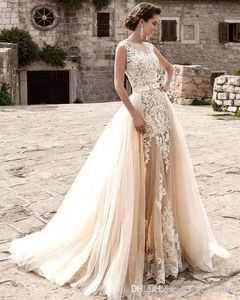 2022 modestos vestidos de noiva de sereia de champanhe com saia destacável de renda branca com o tribunal da praia jardim de praia vestidos de noiva BA5359