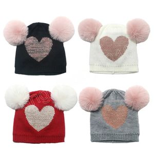 Bobble Baby Winter Hat Knitted Pom Pom Beanie Kids Cap for Girls Boys Accessories Sweet Heart Children Hats Christmas Gift