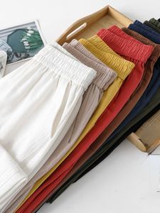Spring Summer Casual Cotton Linen Pants Women Elastic Waist Solid Pockets Retro Loose Women's Harem Pants Trousers Bottoms L220826