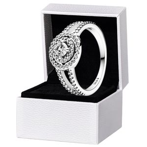 Funkelnder doppelter Halo-Hochzeitsring für Damen, authentisches 925er-Sterlingsilber. Original-Geschenkbox für Pandora-Designer-Schmuckringe mit CZ-Diamant