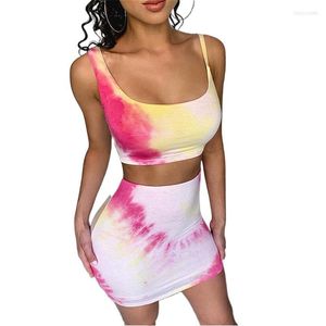 Menas de banho feminina feminino euro-americano vendendo terno de venda feminino 2022 verão sexy tie-dye camisole lape-up quadril vestido de duas peças