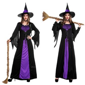 Special Occasions Halloween Witch Costumes for Women Adult Scary Purple Carnival Party Performance Drama Masquerade Clothing with Hat 220826