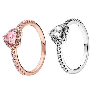 Rose Gold Pink Stone Elevated Love Heart Rings Original Box Set för Pandora Real Silver Cz Diamond Women Wedding Ring
