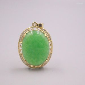 Pendant Necklaces Real Jade Gp 18K Gold Plated Women's Green Chalcedony Round Shape Jewelry Alloy Silver 925 Wheat Necklace 45cmLPendant