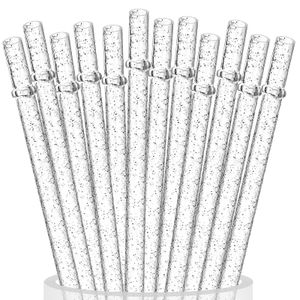 Drinking Straws Reusable Clear Plastic Glitter 11 Long Hard Tumbler Replacement For 20 Oz 30 / Rtic Mason Jars With Cleaning Brush amxuo