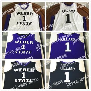 Баскетбольные майки Weber State Wildcats College Дэмиан Лиллард # 1 Белый Черный Фиолетовый Ретро баскетбольный трикотаж Мужские сшитые на заказ трикотажные изделия с любым номером