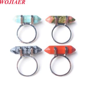 Wojiaer Natural Picasso Stone Hexagon Prism Ring Healing Reiki Chakra Beads Finger Silver Color Wedding Jewelry BZ912