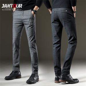 Herrbyxor varumärke Plaid Casual Elastic Long Trousers Cotton Grey Black Blue Skinny Work Pant For Man Classic Clothing Jogging 220827