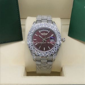 Luxury Watch Full Diamond Red Dail Presidente 228239 228396 Sapphire Big Diamond Bezel 43mm 18k Gold Gold Men Automático Caixa original